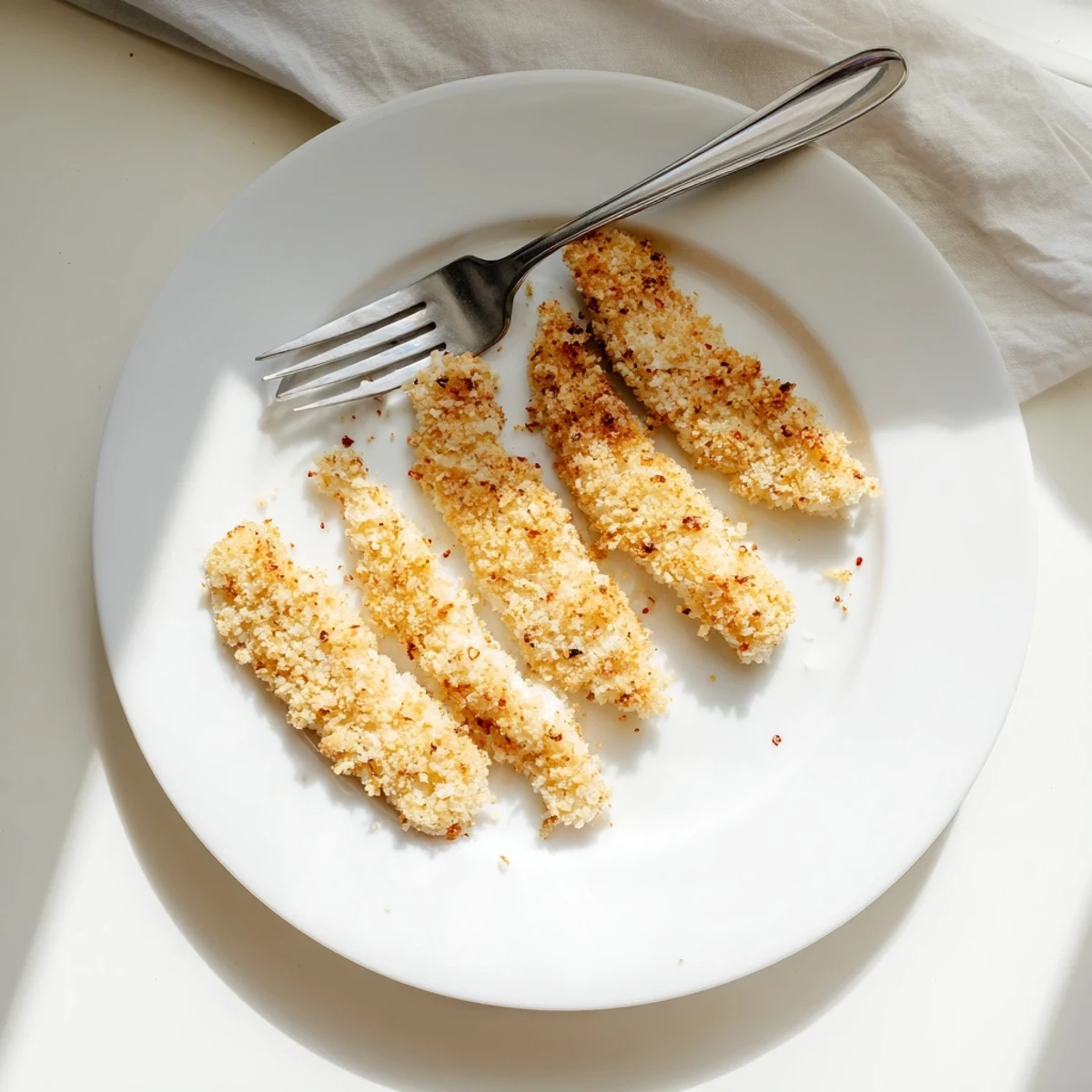 Crispy golden Panko Crusted Chicken Strips are arranged on a white plate next to a small bowl of ranch dipping sauce.