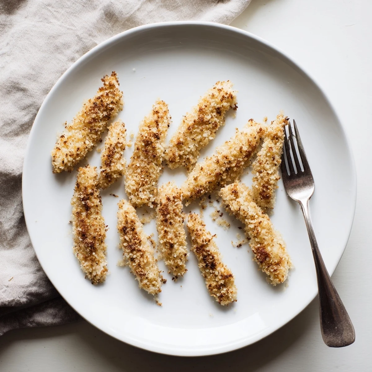 Freshly fried Panko Crusted Chicken Strips on a rustic wooden board with a drizzle of spicy mayo and parsley garnish.