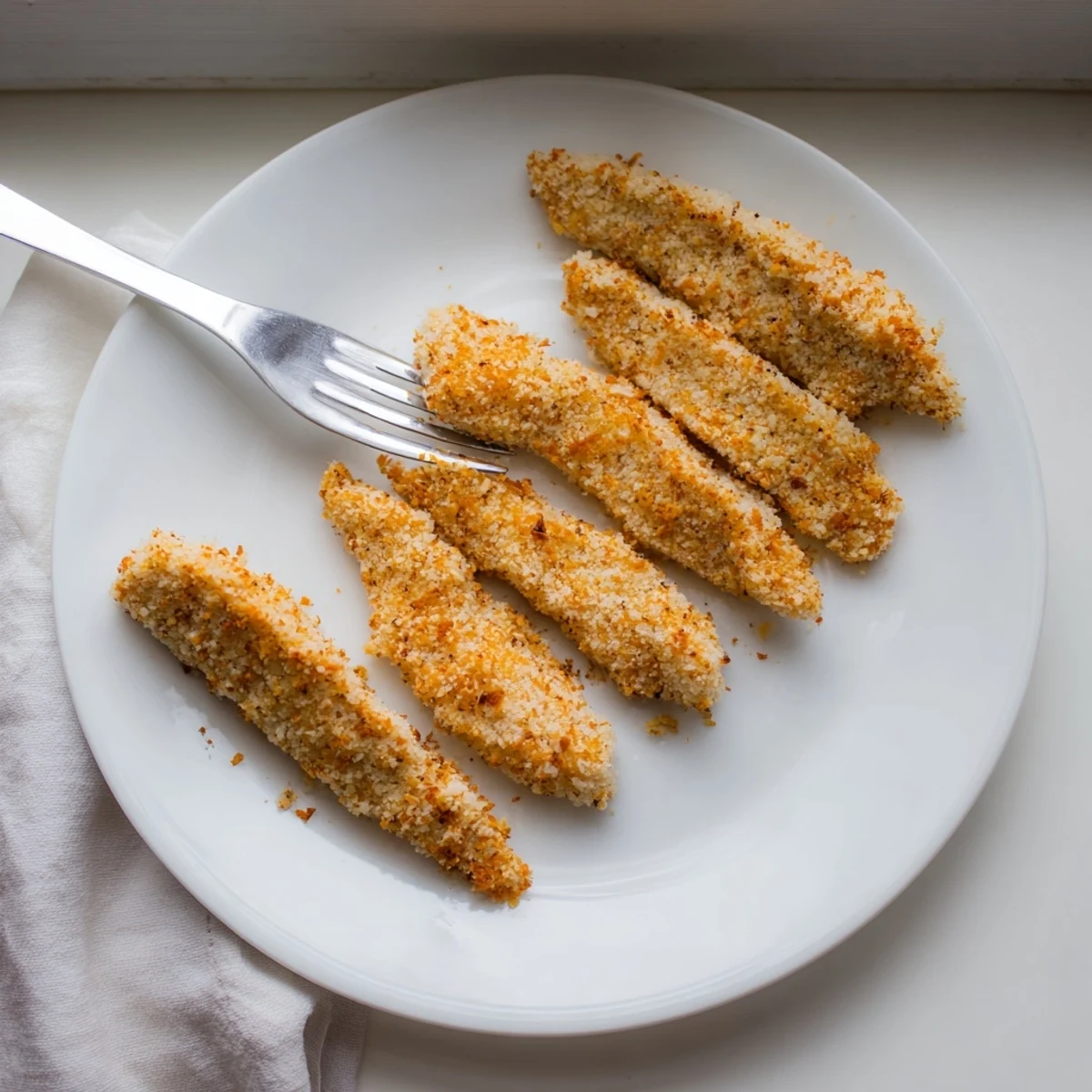 Close-up view of golden brown Panko Crusted Chicken Strips stacked on a plate, showing the crunchy panko texture.