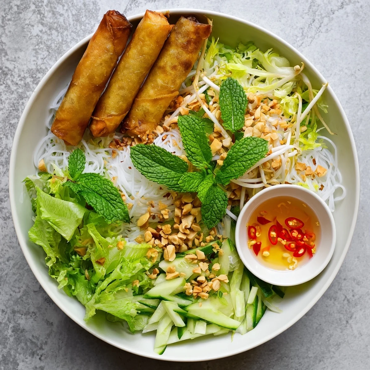 Freshly fried Cha Gio spring rolls glistening over tender rice vermicelli and crisp lettuce, drenched in tangy nuoc cham sauce.