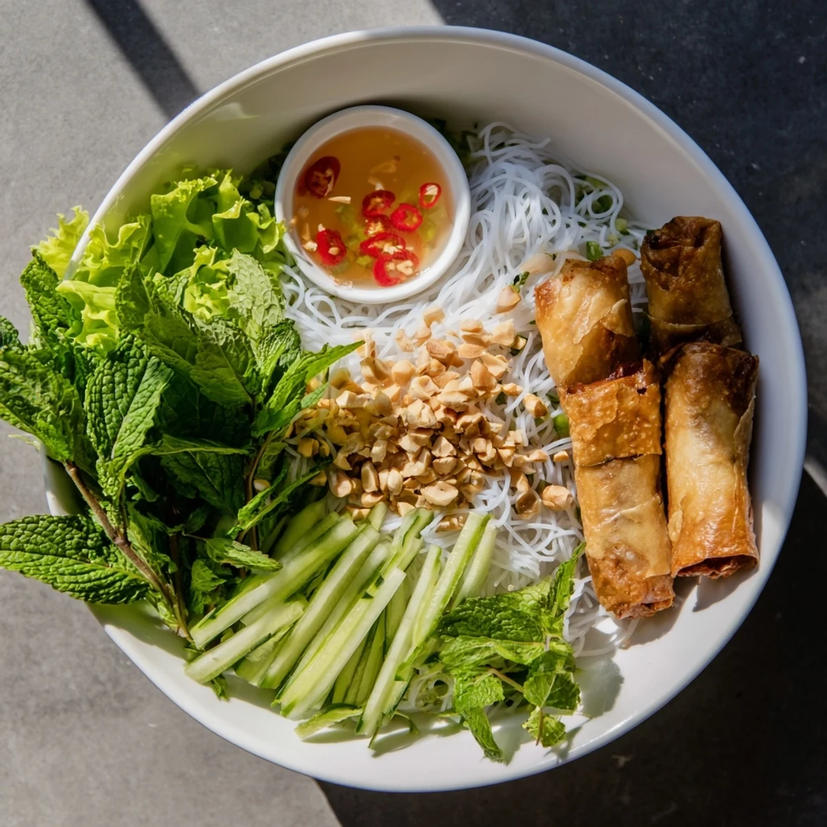 Colorful Bun Cha Gio bowl with crunchy spring rolls, vibrant herbs, cucumbers, and peanuts, ready to be drizzled with savory sauce.