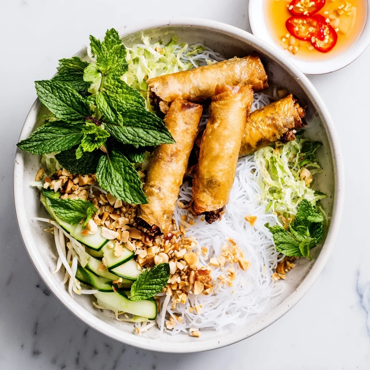 Golden Cha Gio served atop a bed of soft noodles and fresh bean sprouts, garnished with herbs for an authentic Vietnamese meal.