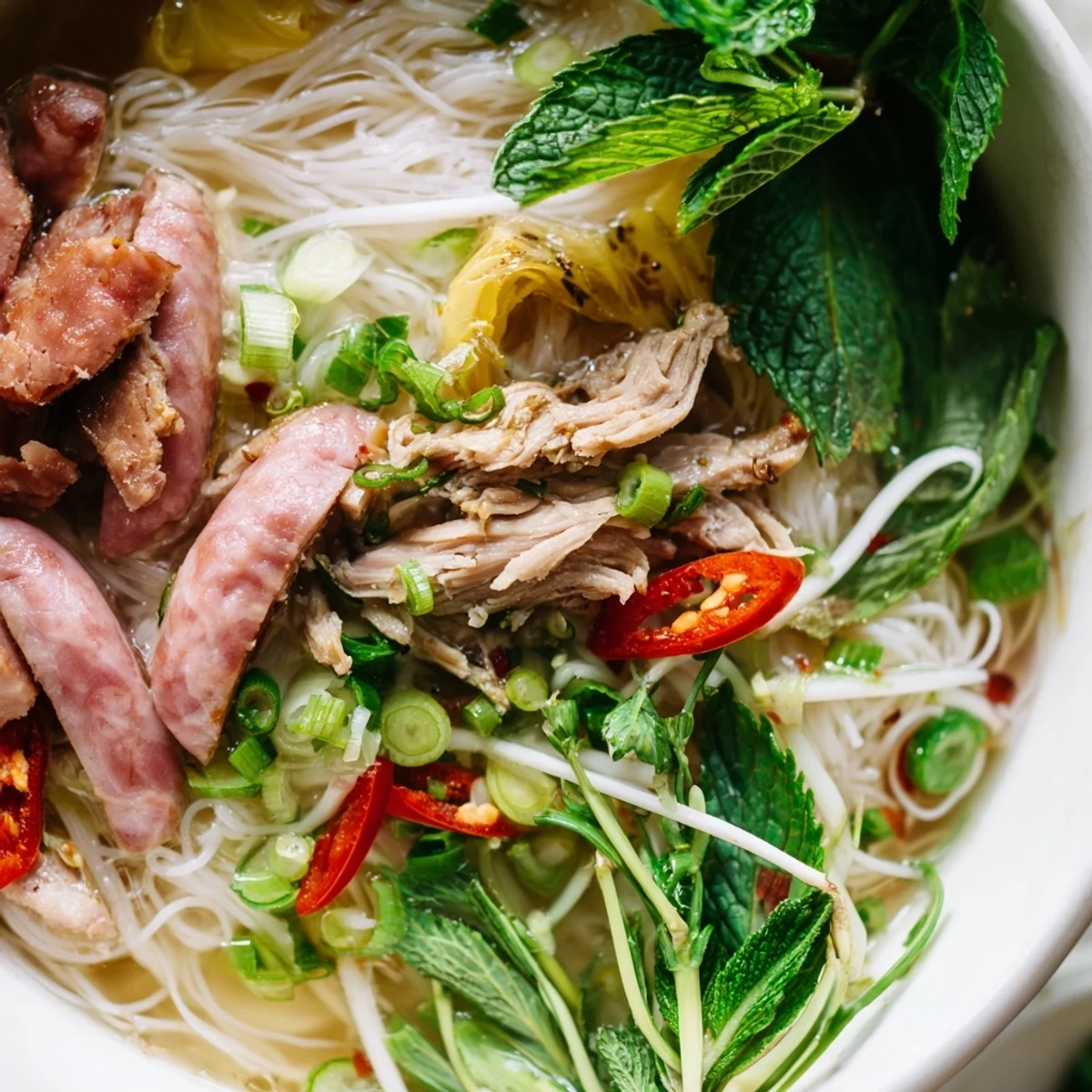 A steaming bowl of Bun Thang with shredded chicken, silky egg strips, and clear aromatic broth garnished with fresh herbs.