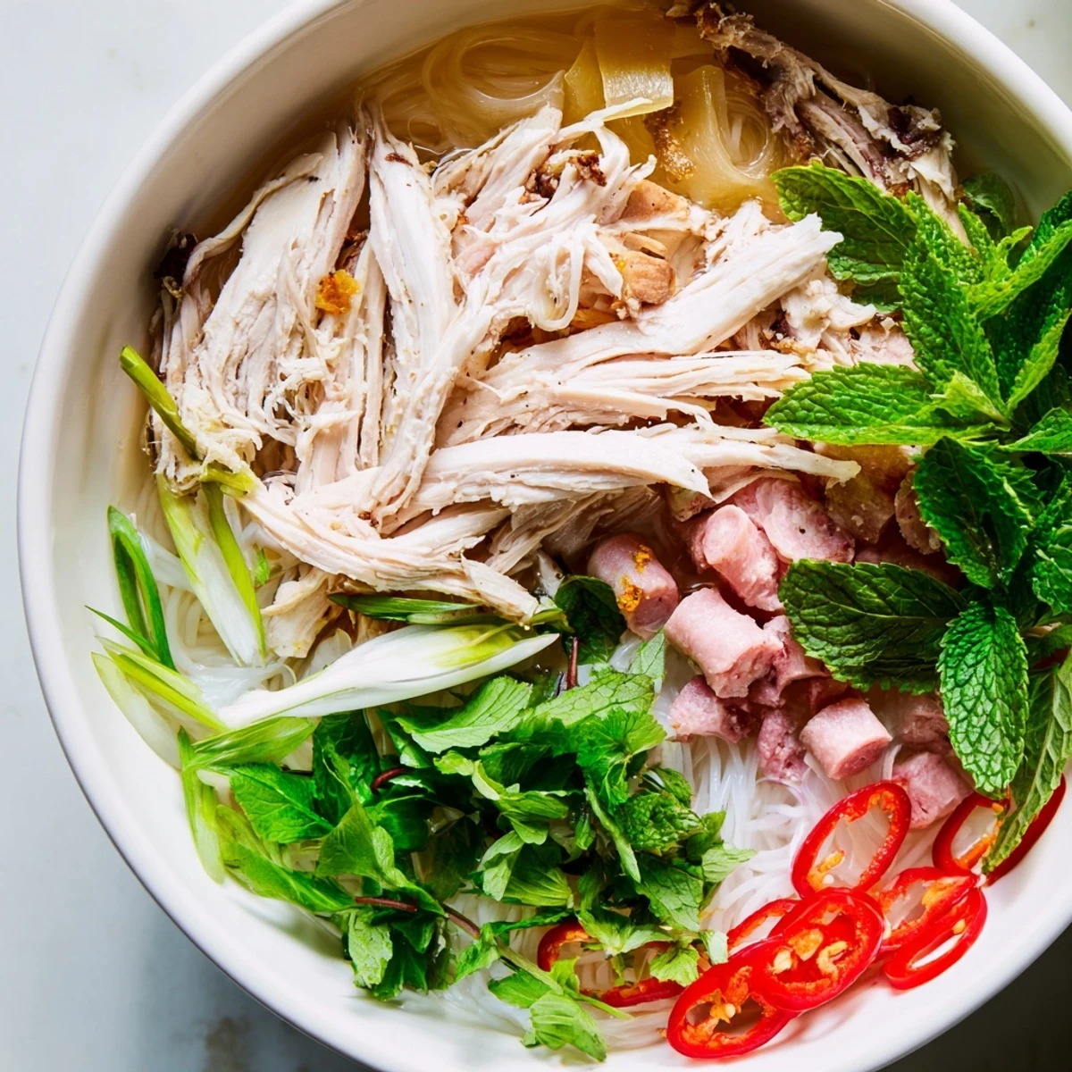 Clear broth of Bun Thang poured over rice noodles, topped with pork sausage slices and vibrant green cilantro and mint.