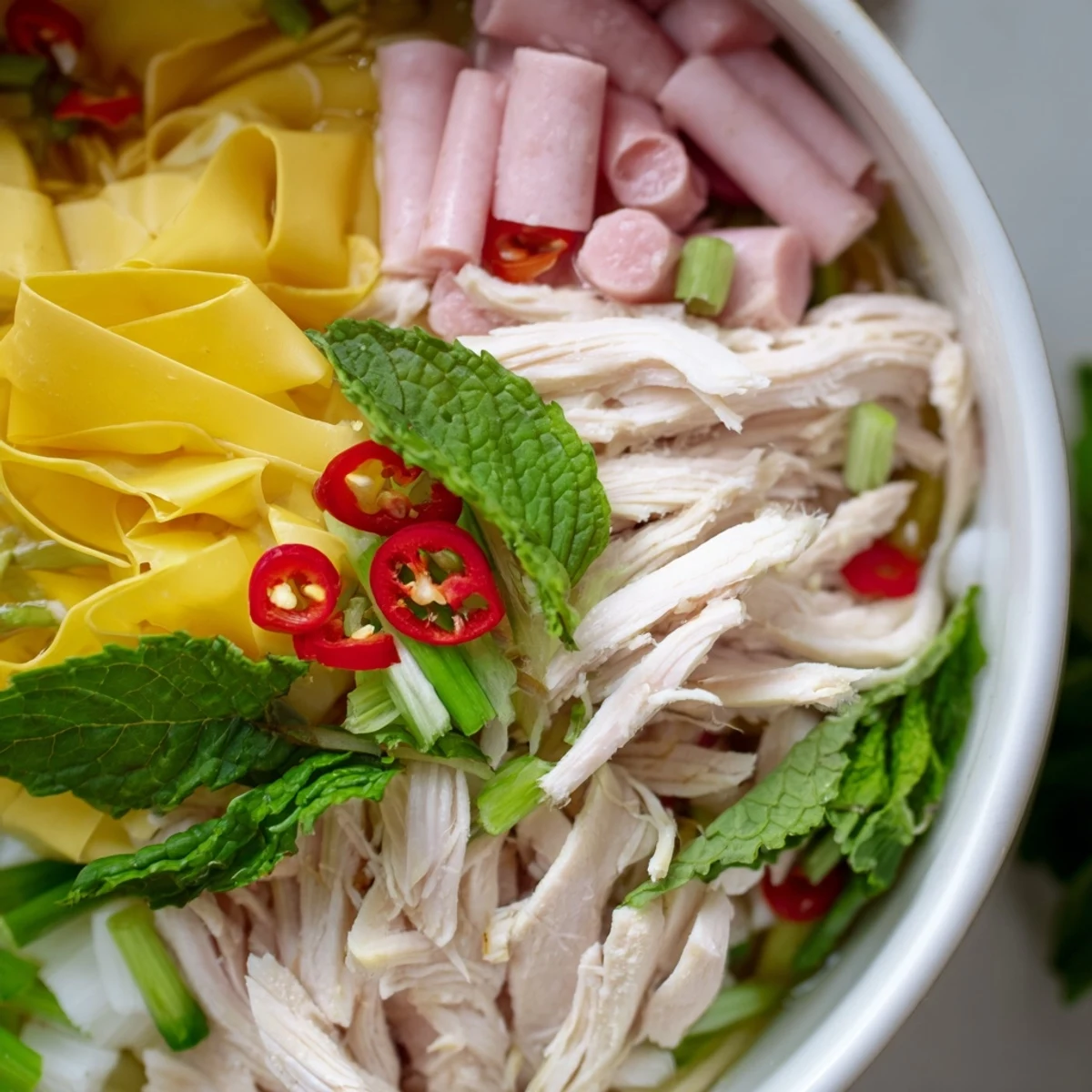 Close-up of Bun Thang serving showing layered textures with shredded chicken, egg crepe ribbons, and a lime wedge on the side.