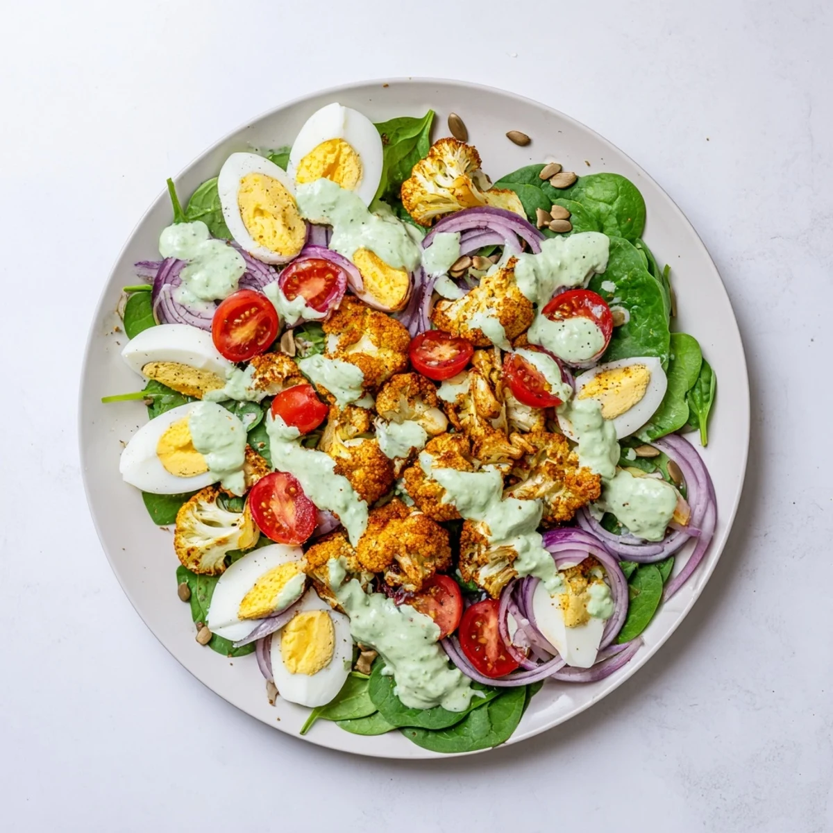 A close-up of Roast Cauliflower and Egg Salad with Avocado Dressing, with golden florets, halved eggs, and spinach leaves glistening under creamy green drizzle.