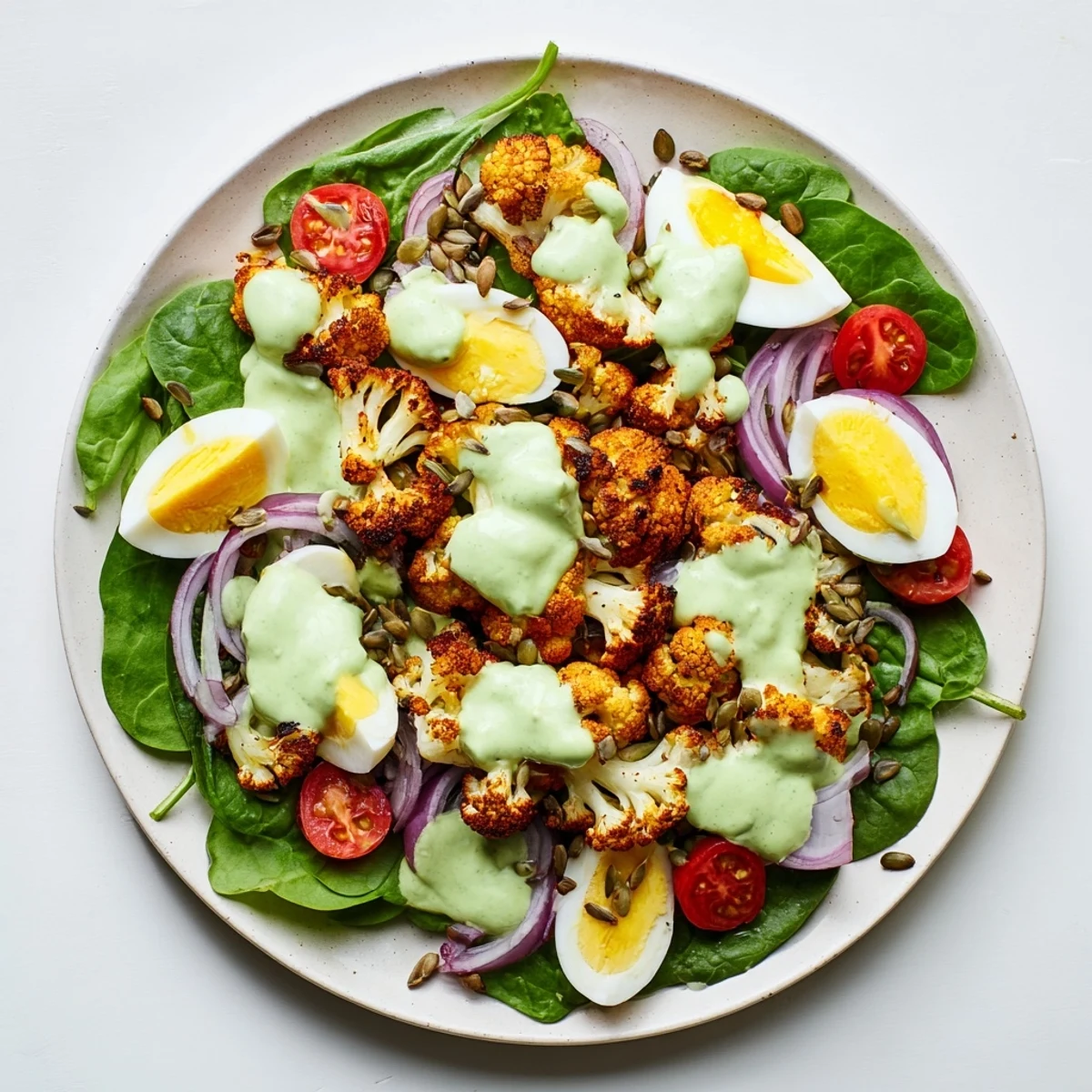 Roast Cauliflower and Egg Salad with Avocado Dressing arranged in a white bowl, toasted sunflower seeds sprinkled atop, ready for a light lunch.