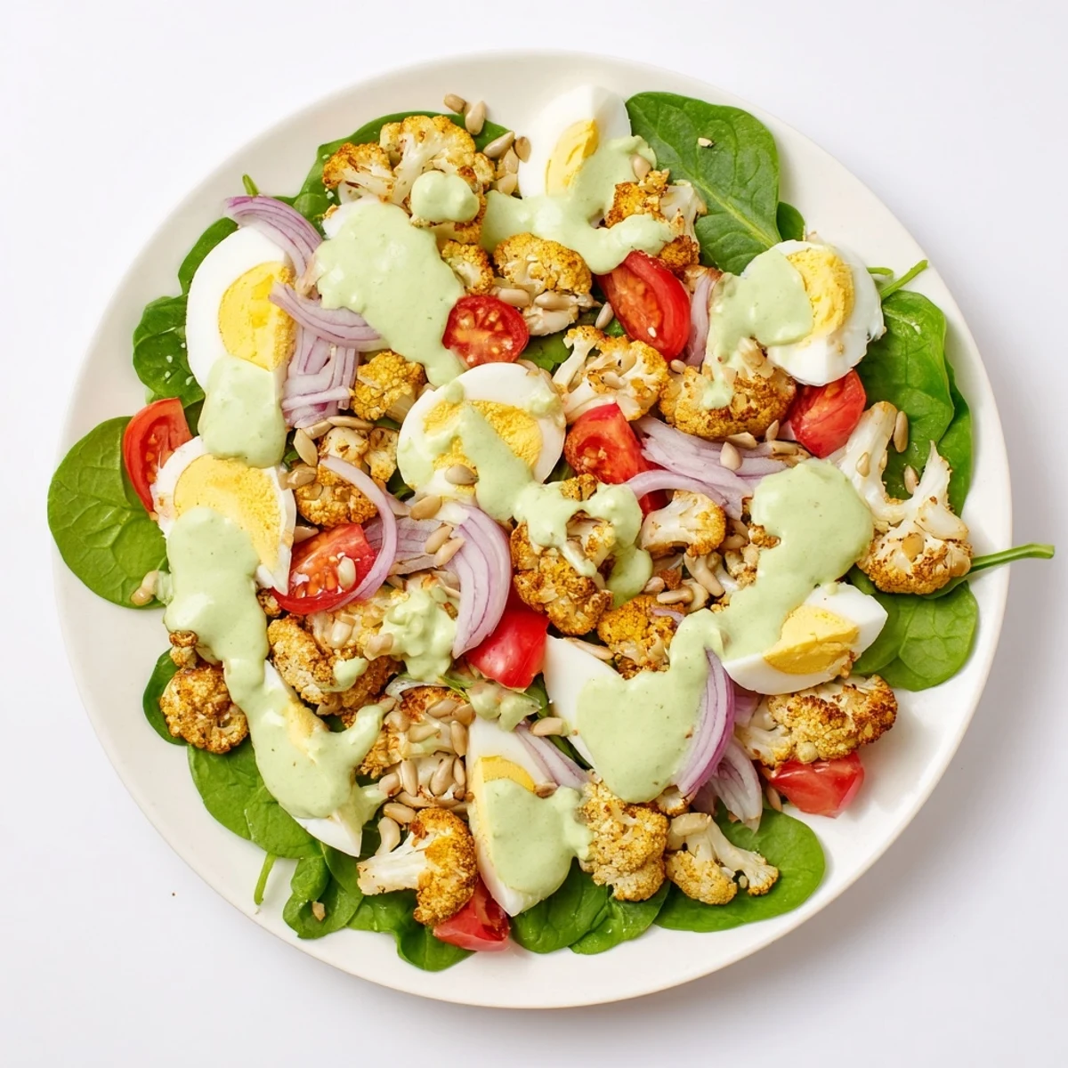 Overhead view of a vibrant Roast Cauliflower and Egg Salad with Avocado Dressing on a rustic plate, featuring cherry tomatoes and red onion slices.