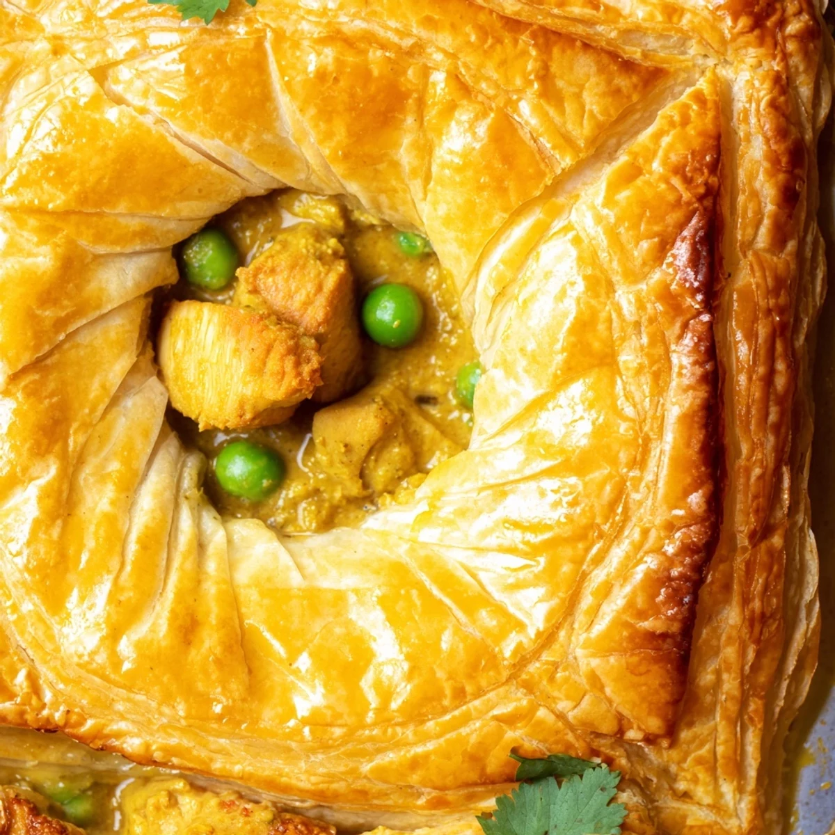 A golden, flaky puff pastry tops the One Pan Chicken Korma Pie filled with creamy spiced chicken and peas.