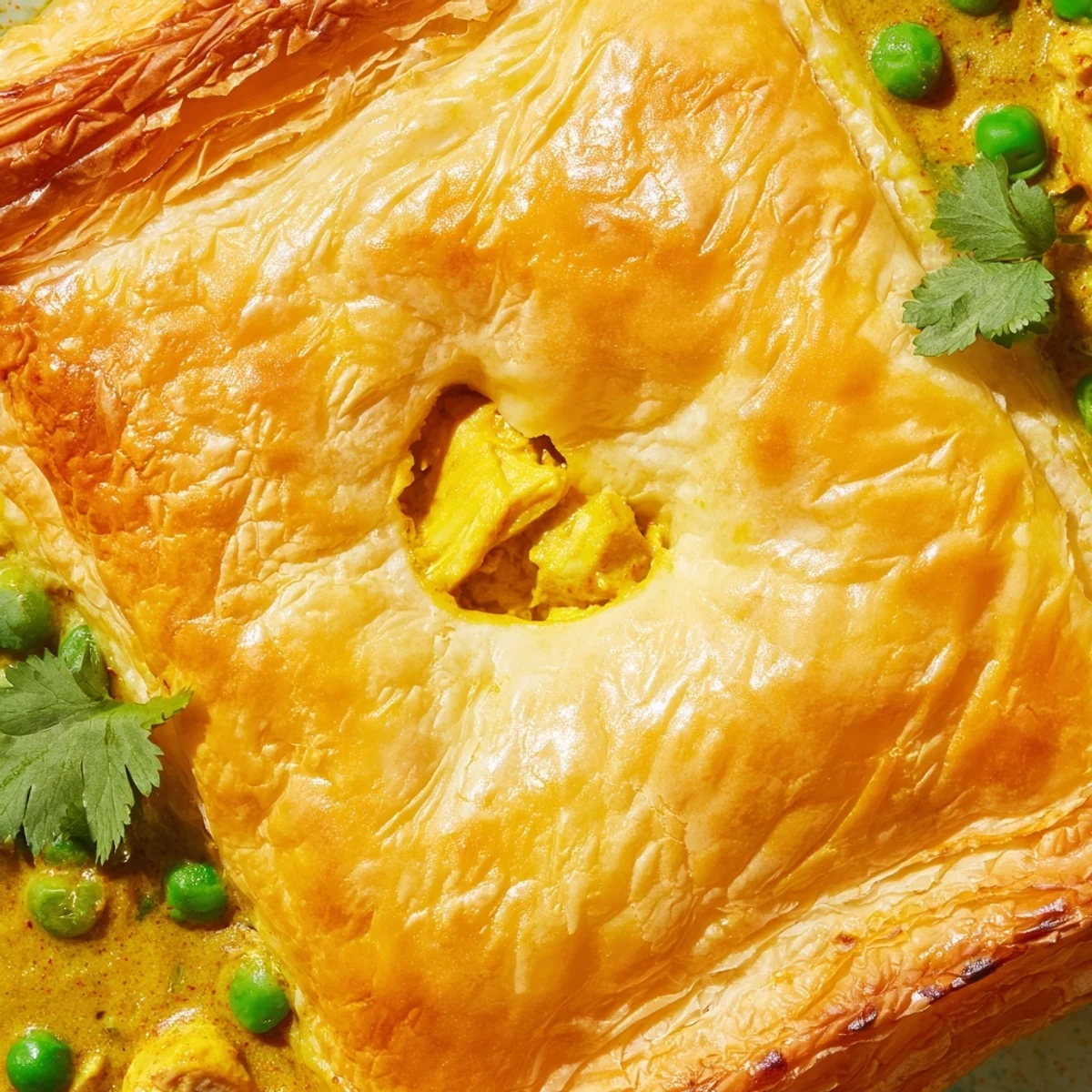 Serving a warm slice of the One Pan Chicken Korma Pie from a rustic cast-iron skillet on a wooden table.