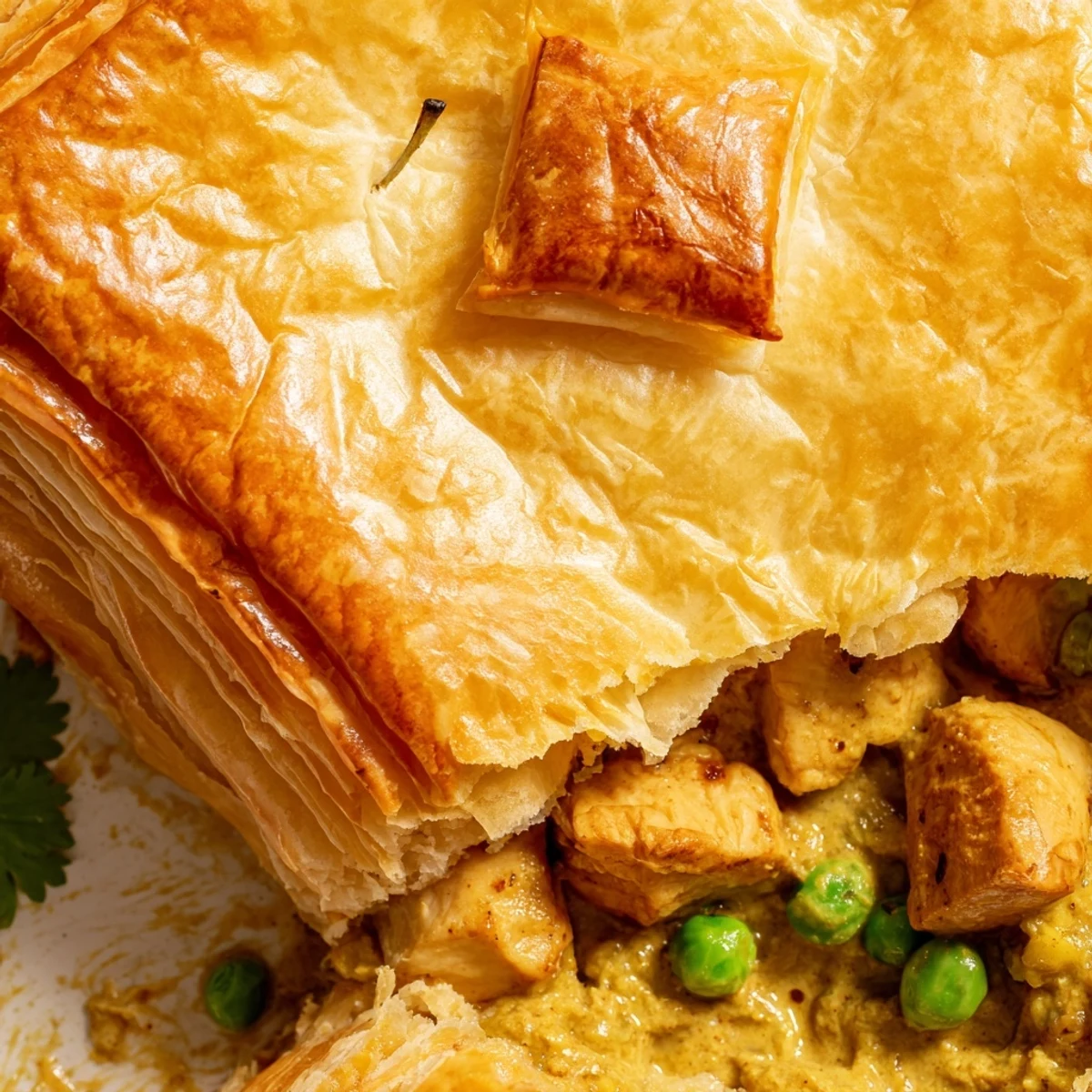 Close-up view of the One Pan Chicken Korma Pie revealing tender chicken thighs in rich korma sauce under crisp crust.
