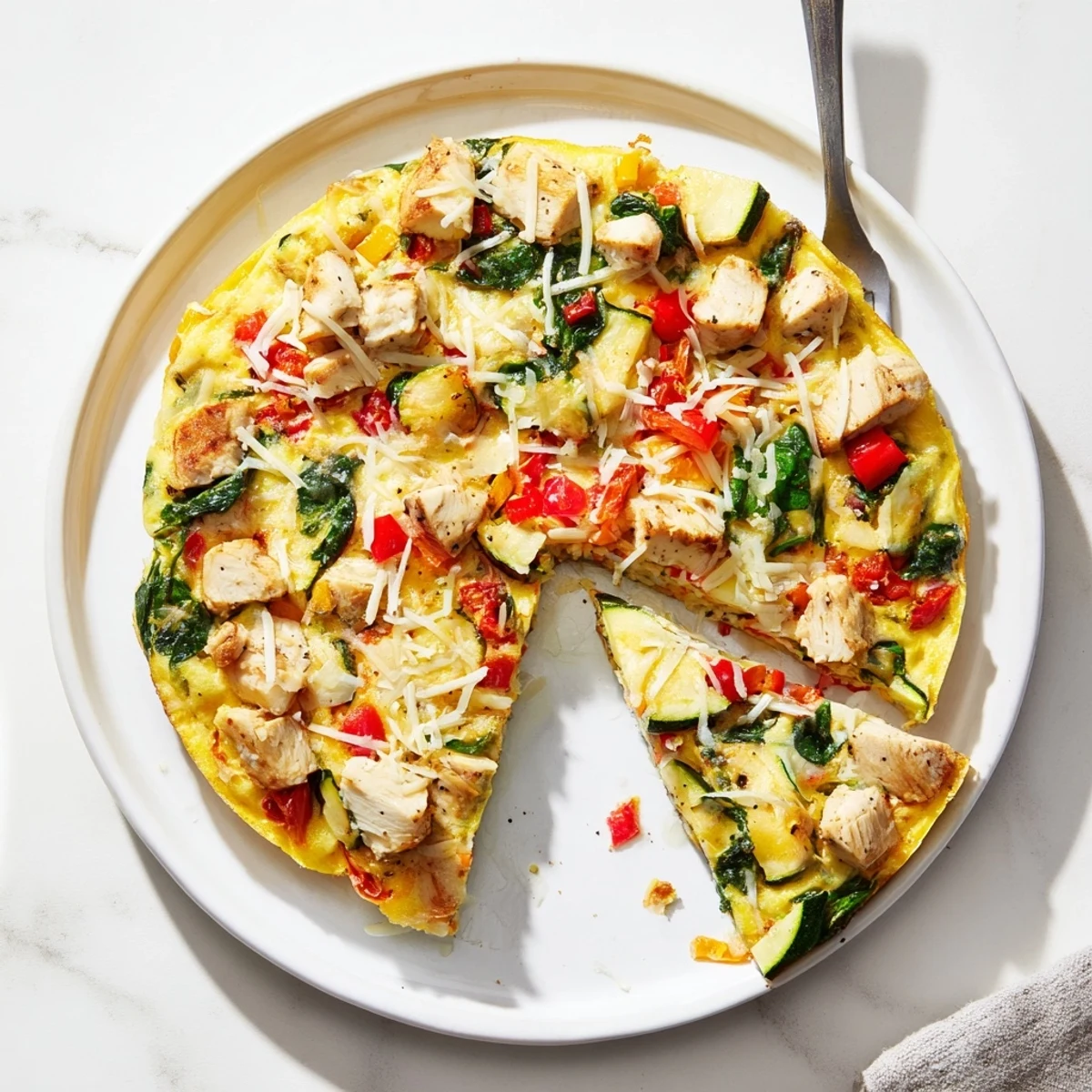 A close-up of a freshly baked Chicken and Vegetable Frittata in a skillet, with golden cheese and vibrant spinach.