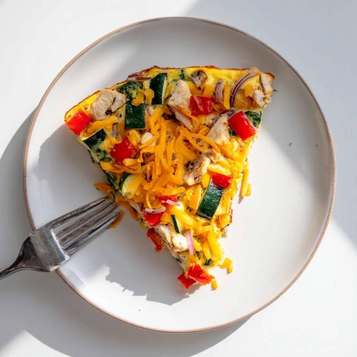 Slices of a warm Chicken and Vegetable Frittata show fluffy eggs, tender chicken, and diced vegetables on a plate.