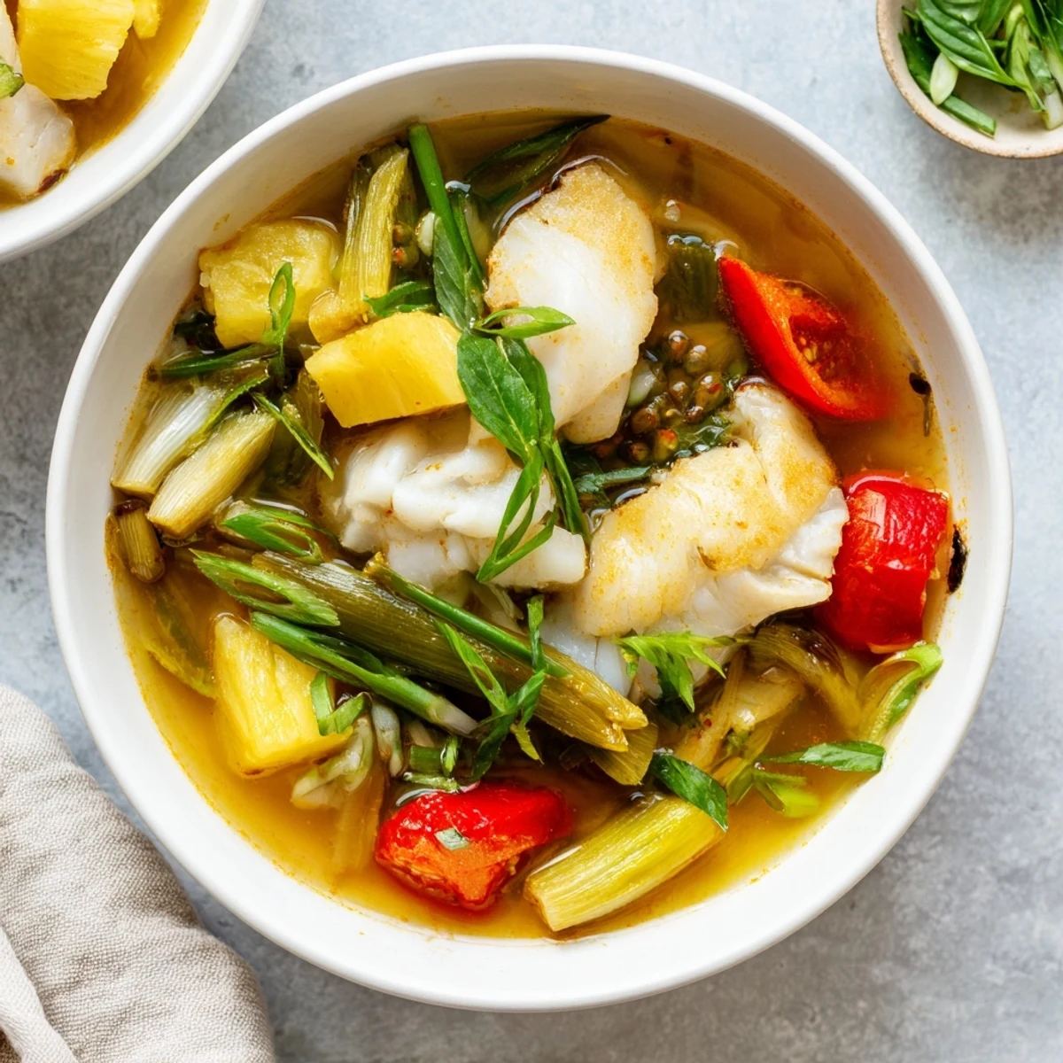 Fresh Modern Canh Chua soup with tender white fish, pineapple, tomatoes, and herbs in a bright tamarind broth.