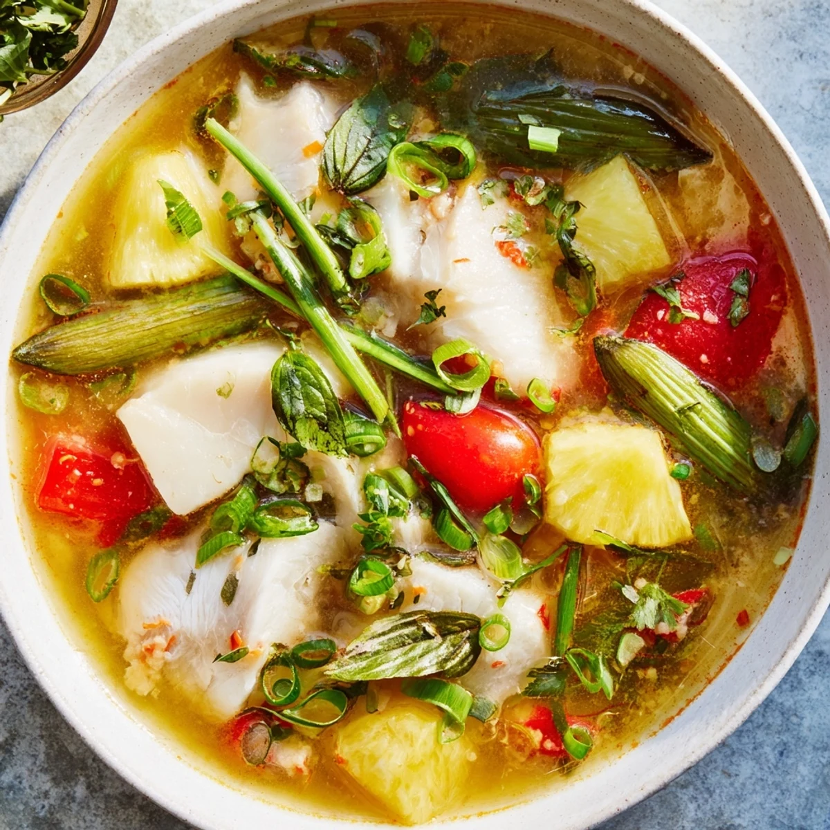 A steaming bowl of Modern Canh Chua topped with Thai basil, cilantro, scallions, and lime wedges for serving.