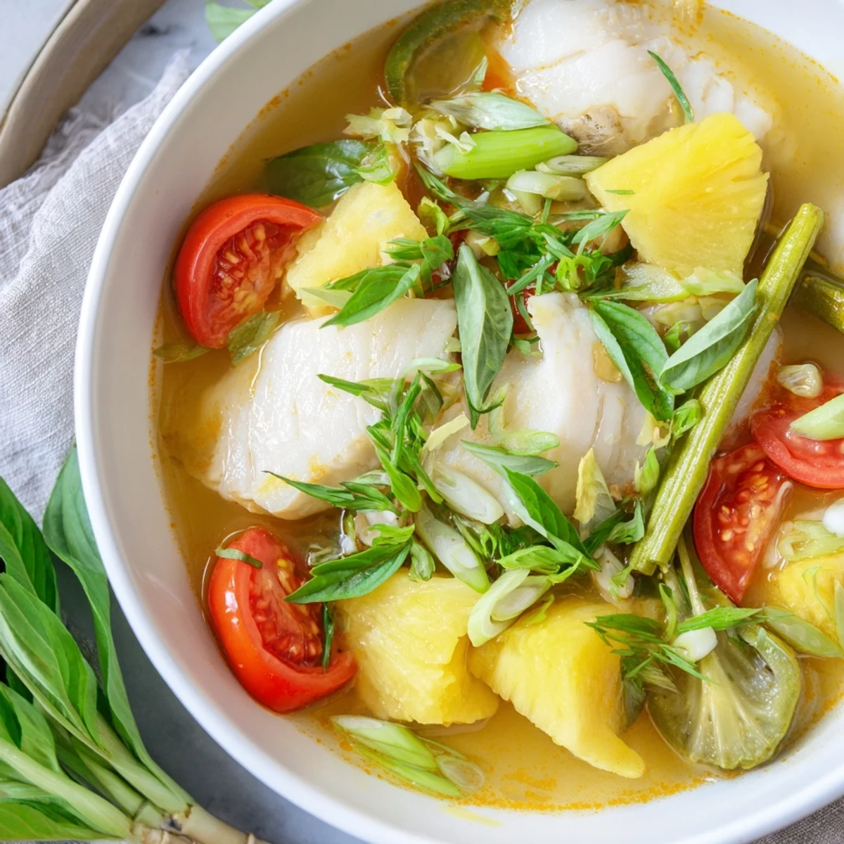Vietnamese-inspired Modern Canh Chua soup with bean sprouts and okra beside jasmine rice, perfect for a family meal.