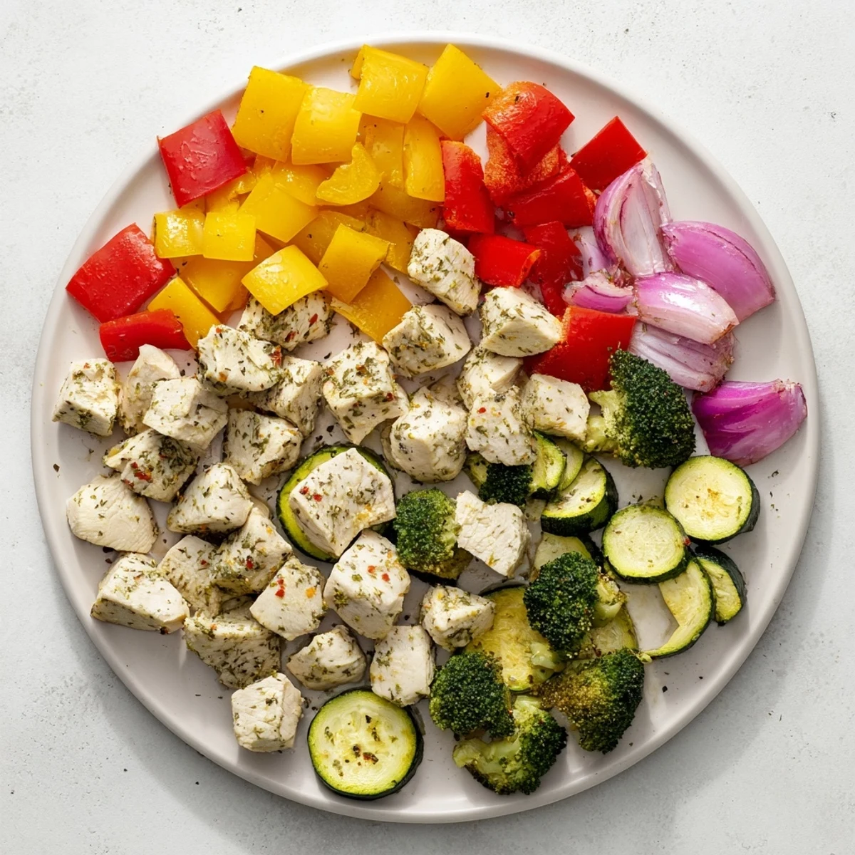 Close-up view of crispy 10-Minute Air Fryer Chicken and Veggies with tender broccoli and zucchini, garnished with fresh parsley. 