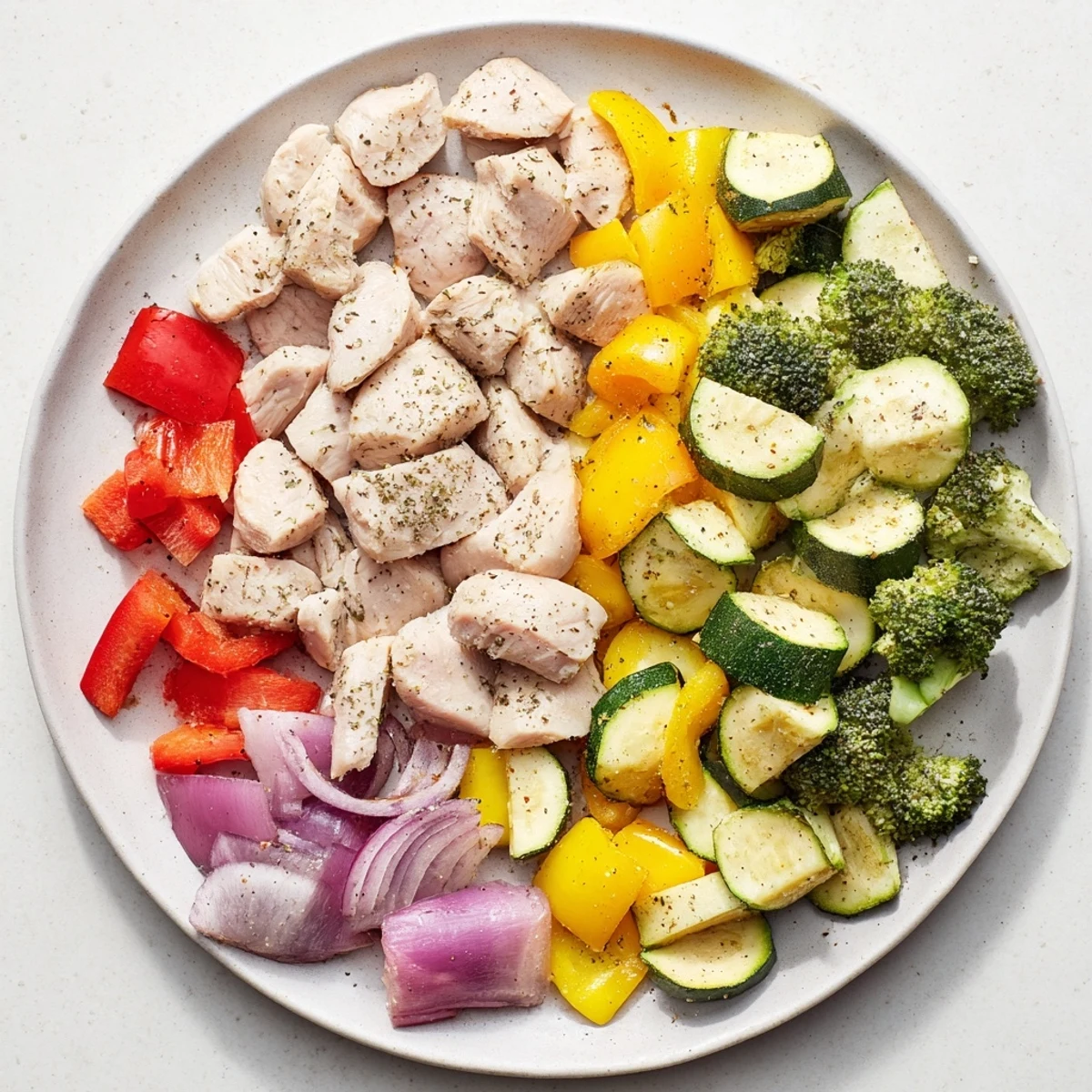 A vibrant photo of 10-Minute Air Fryer Chicken and Veggies featuring juicy chicken pieces and colorful peppers on a white plate, steaming hot. 