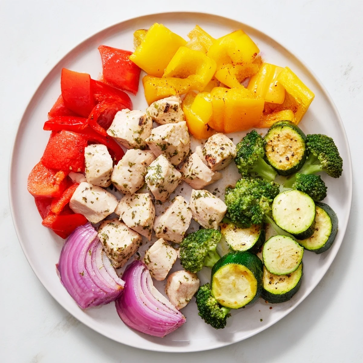 Serving suggestion for 10-Minute Air Fryer Chicken and Veggies plated with a side of rice, showcasing golden-brown chicken and veggies.