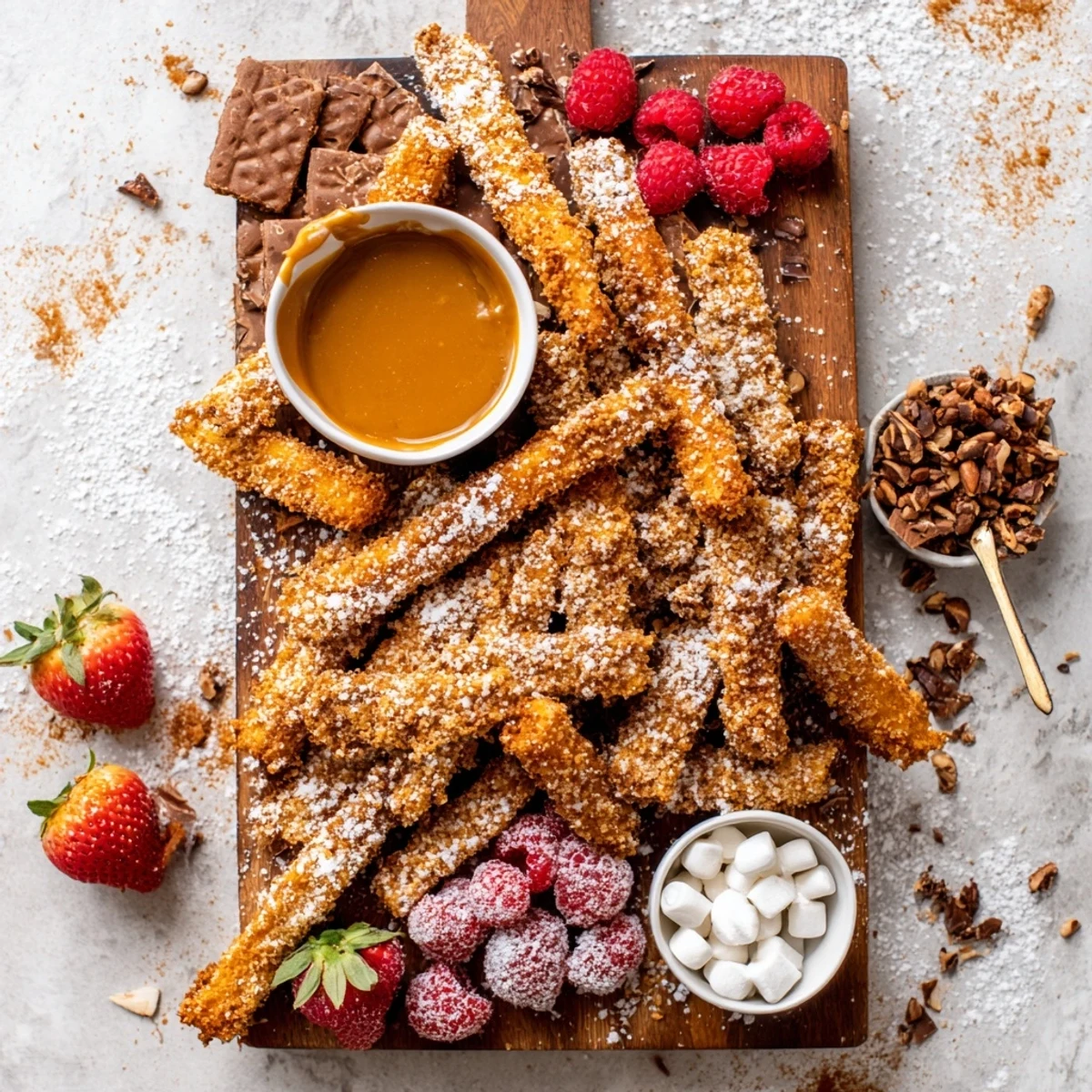 Warm, gooey Salted Caramel Apple Fries paired with fresh berries and chocolate chips for dipping.