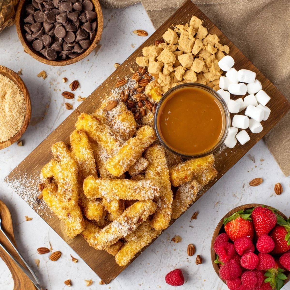 Golden, crispy Salted Caramel Apple Fries dusted with powdered sugar and arranged on a wooden board.