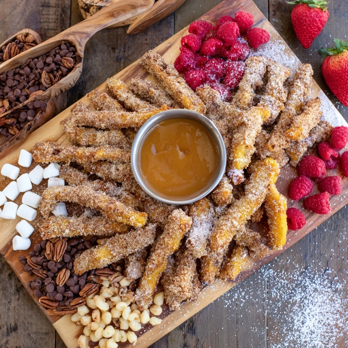 A tempting platter of Salted Caramel Apple Fries with marshmallows and crushed graham crackers for sharing.