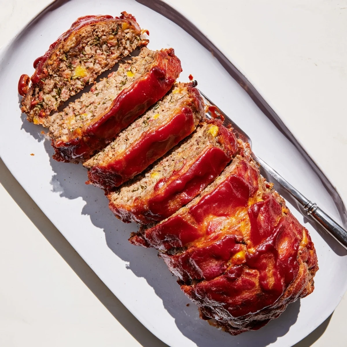 Freshly baked BBQ Beef Bacon Wrapped Meatloaf on a rustic platter, garnished with parsley, paired with creamy mashed potatoes and buttery corn for serving.
