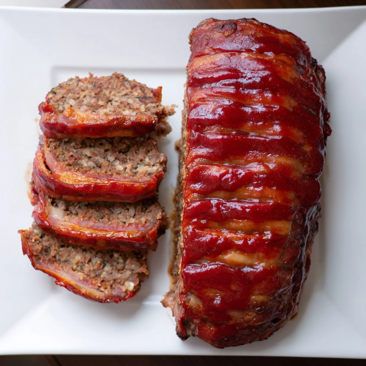 Juicy BBQ Beef Bacon Wrapped Meatloaf resting after baking, with smoky aroma and glistening tangy glaze, sliced to reveal tender beef and crispy bacon.