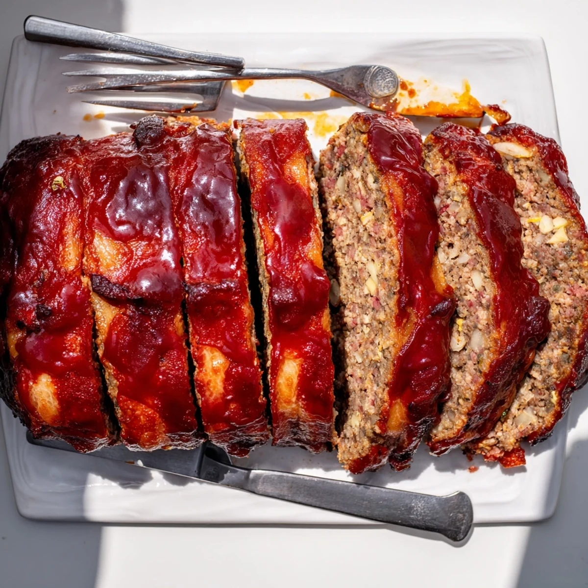 Savory BBQ Beef Bacon Wrapped Meatloaf wrapped in crispy bacon, brushed with sticky barbecue sauce, ready to slice for a family American dinner plate.