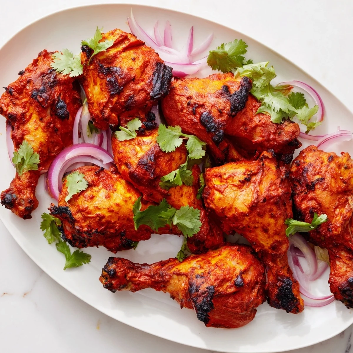 Sizzling tandoori chicken, vibrant red and golden, served hot with lemon wedges and sliced red onion on a platter. 