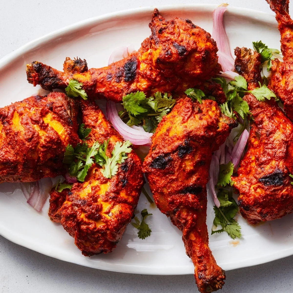 Juicy tandoori chicken thighs, marinated in yogurt and spices, roasted with charred edges and garnished with fresh cilantro. 