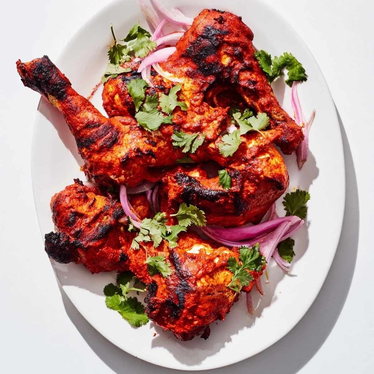 A close-up of tender tandoori chicken, smoky and aromatic, resting on a wire rack after baking to perfection.