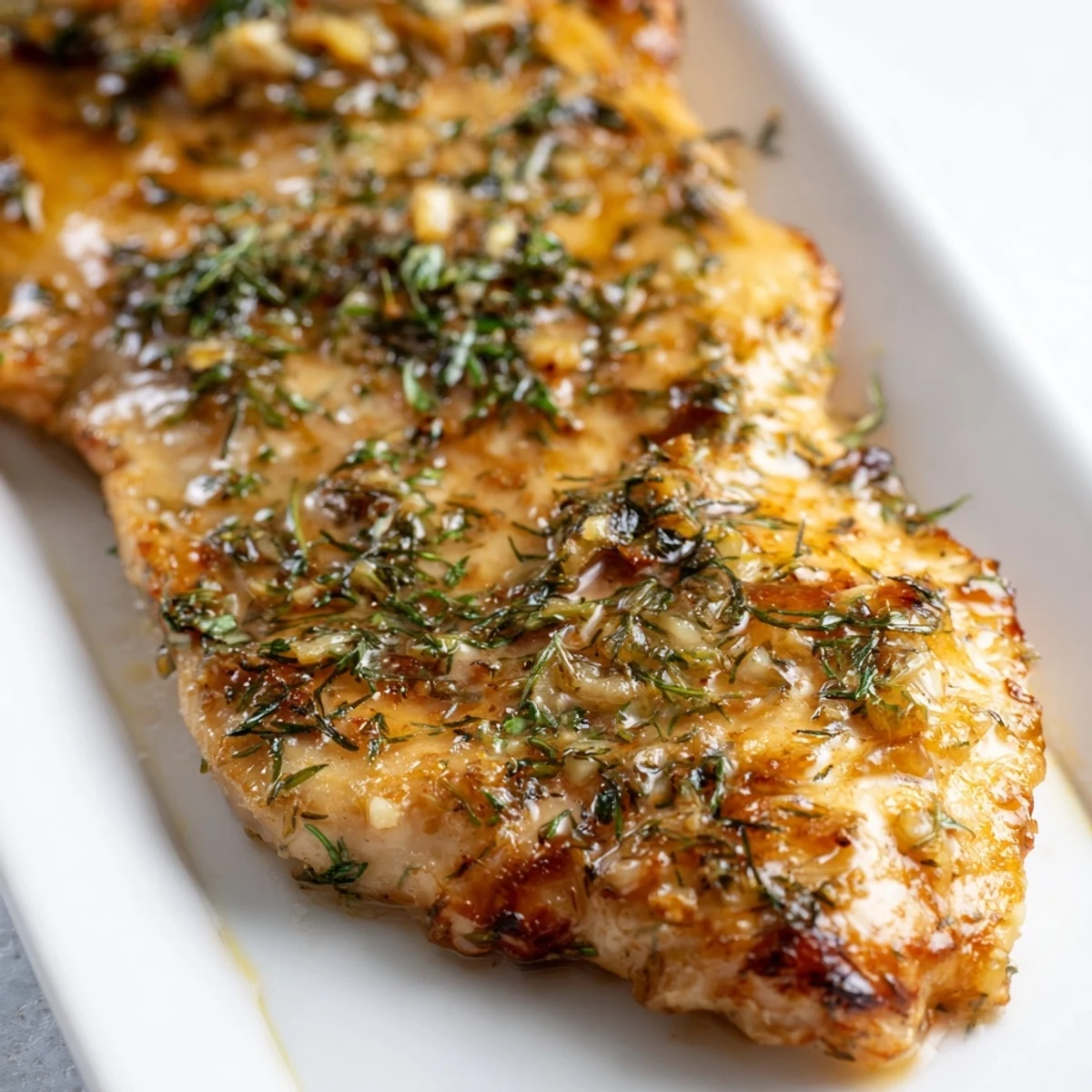 Paleo Lemon Dill Chicken served on a white plate with lemon slices and fresh dill garnish.