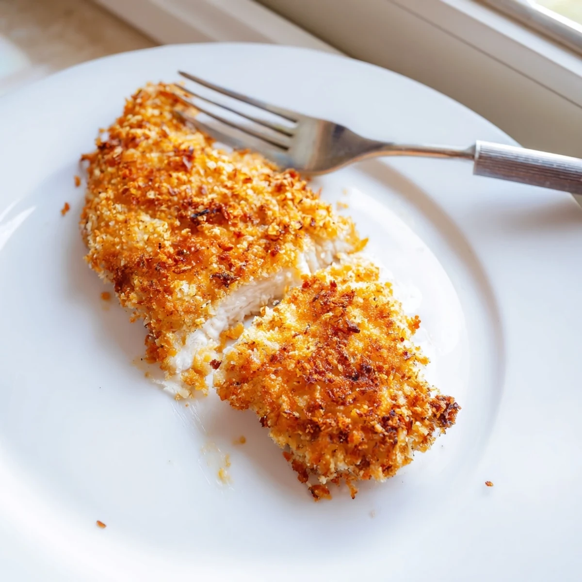 Crispy Air Fryer Breaded Chicken Breast with golden crust and juicy center, served with lemon wedge and salad.
