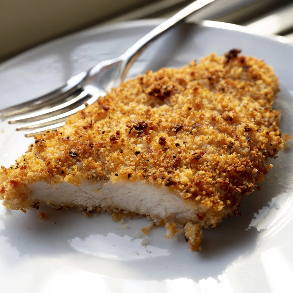 Tender Air Fryer Breaded Chicken Breast coated in panko and Parmesan, resting on a wooden board with dipping sauce.