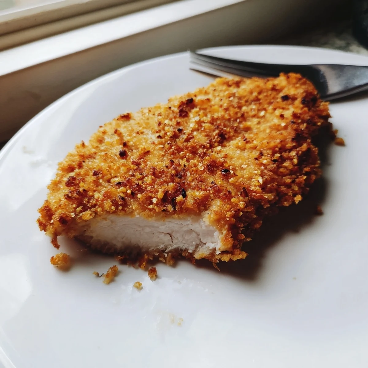 Golden brown Air Fryer Breaded Chicken Breast on a plate, garnished with herbs alongside roasted vegetables for dinner.