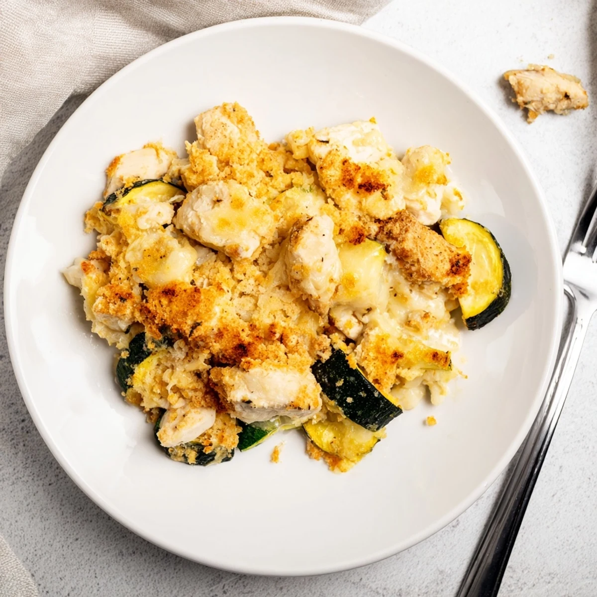 A hearty Chicken Zucchini Bake served on a plate with fresh basil and salad.