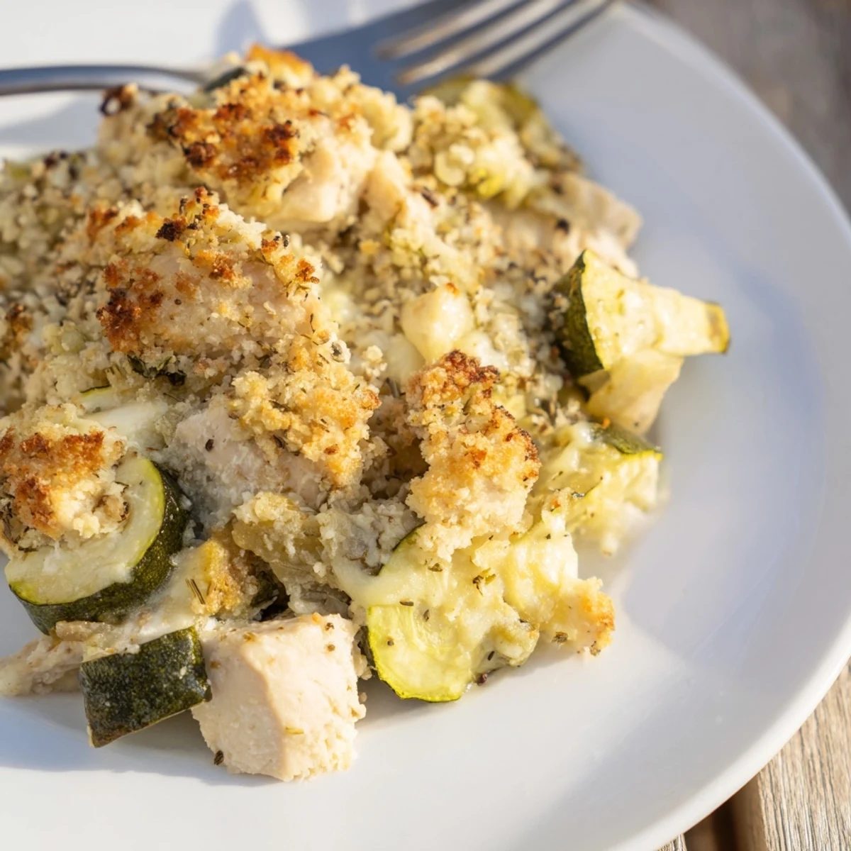 Golden baked Chicken Zucchini Bake casserole with melted mozzarella and breadcrumbs in a dish.