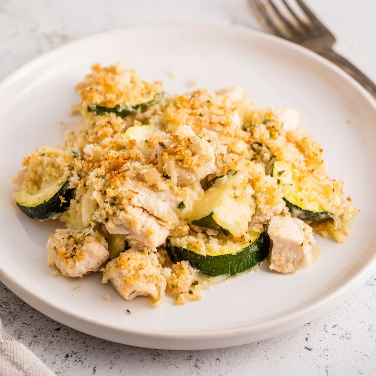 Close-up of creamy Chicken Zucchini Bake showing tender zucchini slices and cheesy topping.