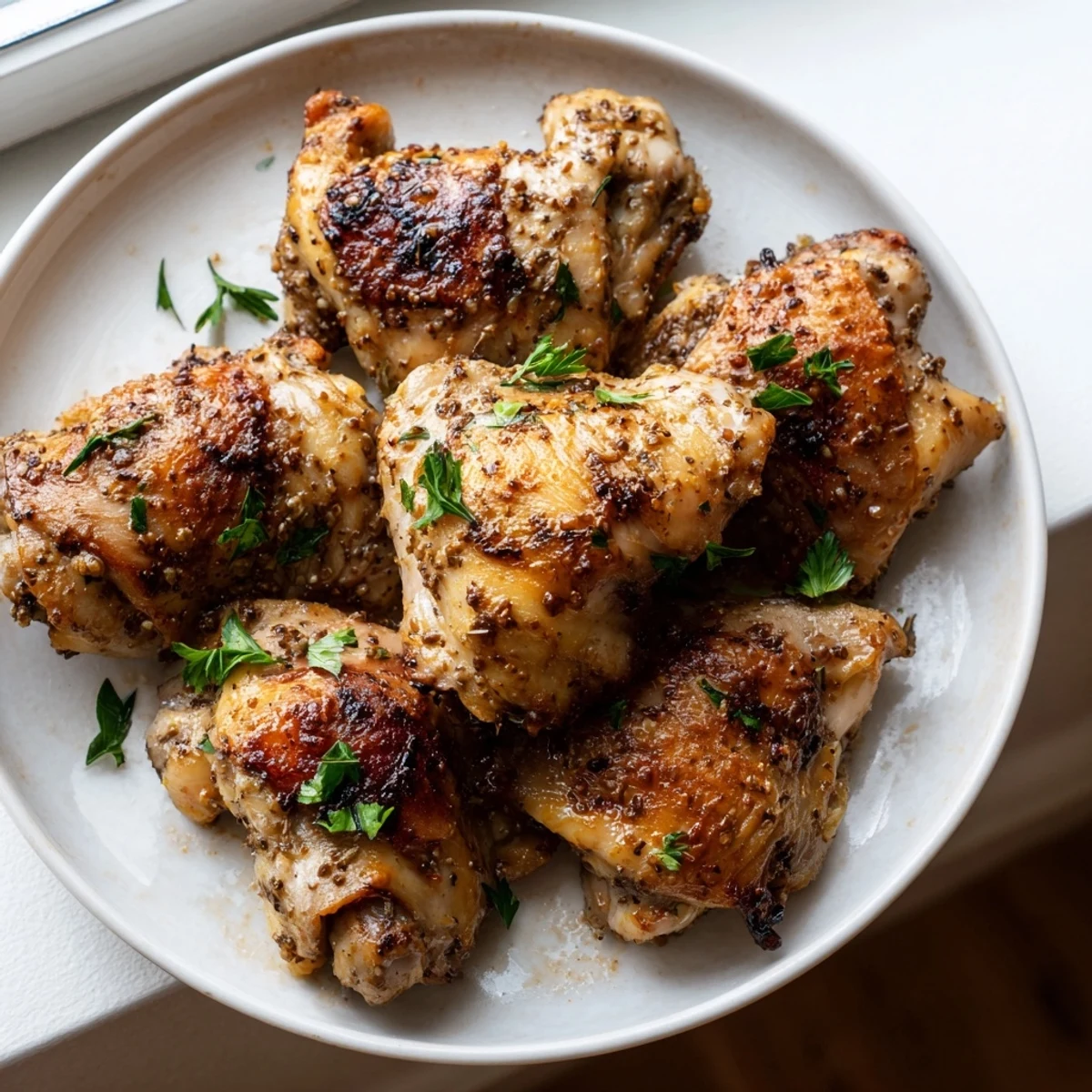 Golden-brown Zaatar Tahini Chicken Thighs roasted with fragrant zaatar and creamy tahini, garnished with fresh parsley and lemon wedges.  