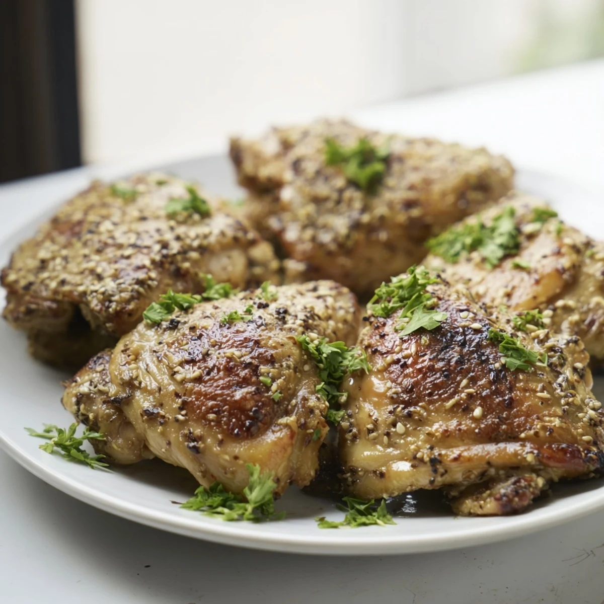Middle Eastern Zaatar Tahini Chicken Thighs served over fluffy rice with a side salad and warm pita bread.