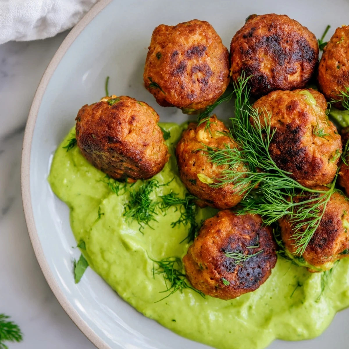 Tender salmon balls drizzled with a luscious avocado yogurt dip served alongside lemon wedges for zesty flavor.