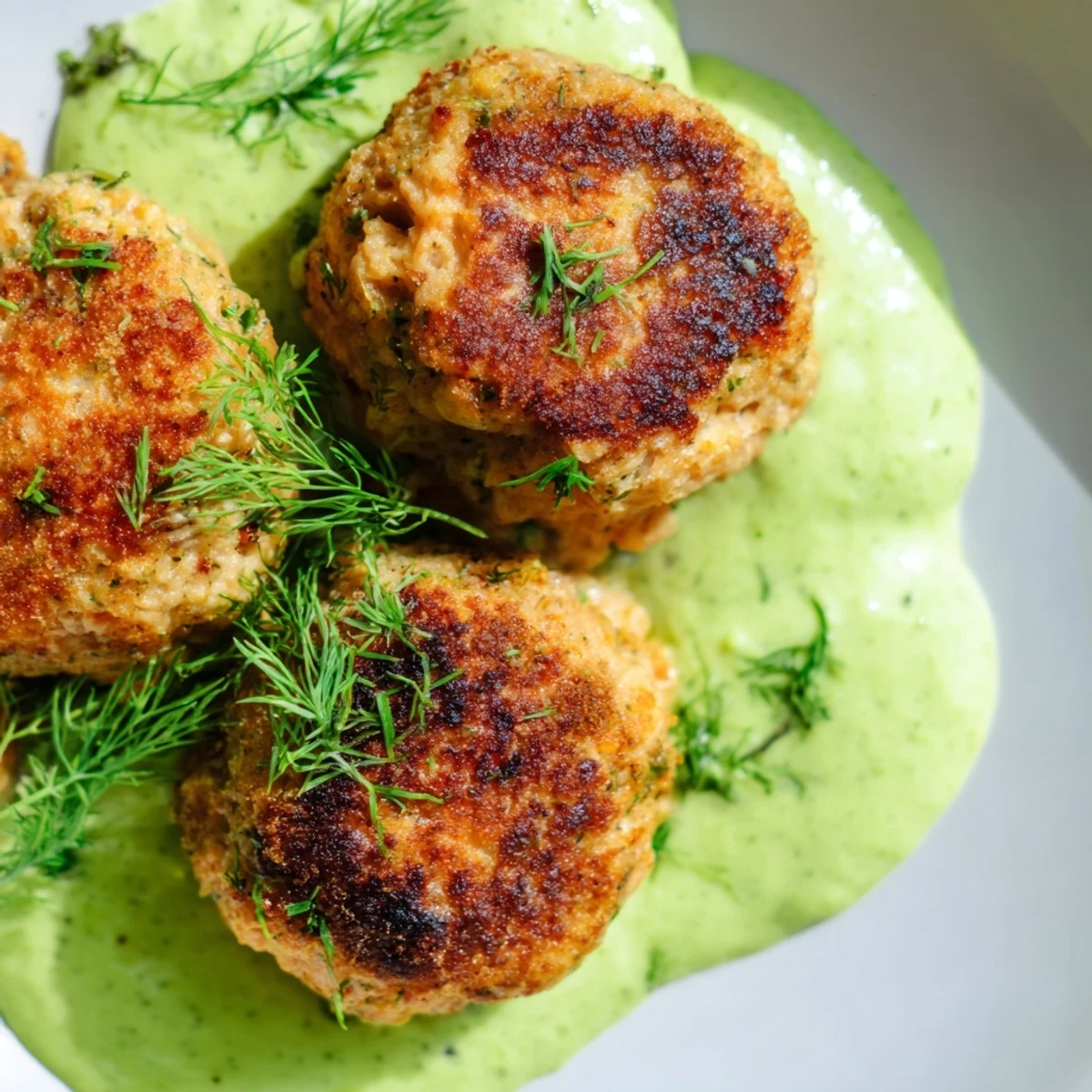 Golden-brown pan-fried salmon balls with creamy avocado sauce garnished with fresh dill on a white plate.