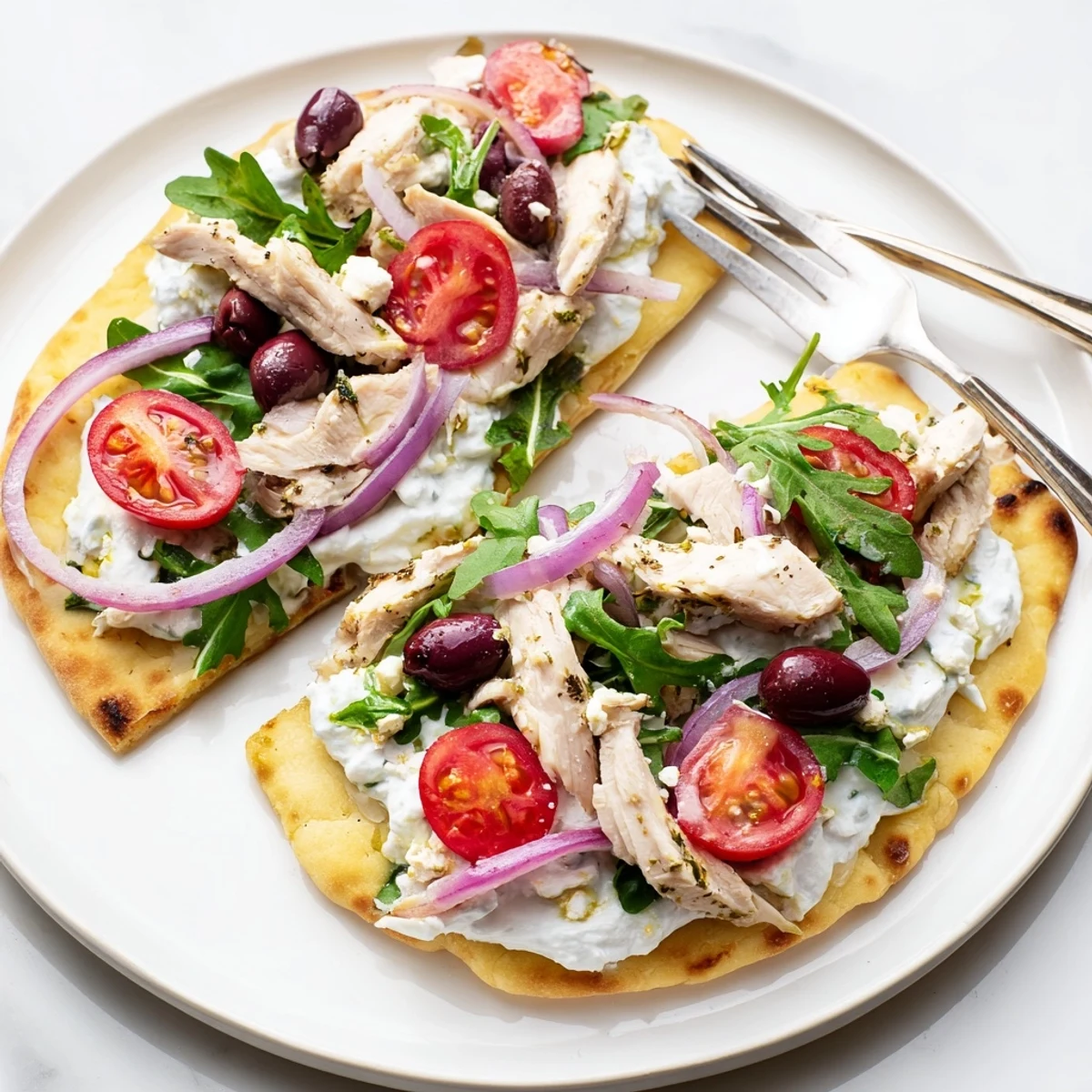 On a marble surface, the Zesty Lemon Herb Chicken Flatbread With Creamy Feta is garnished with Kalamata olives and a drizzle of olive oil.