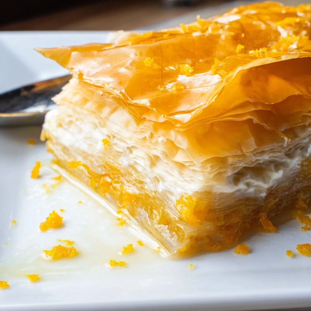 Freshly baked Portokalopita dessert resting on a white plate, with Greek yogurt custard and cinnamon stick nearby.