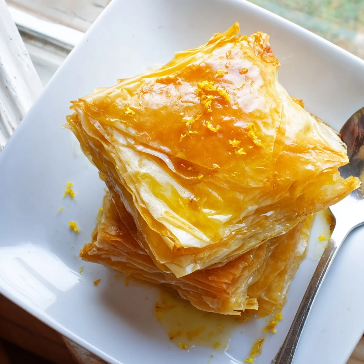 A close-up of golden baked Portokalopita with syrup drizzle, showcasing crispy phyllo layers and orange zest.