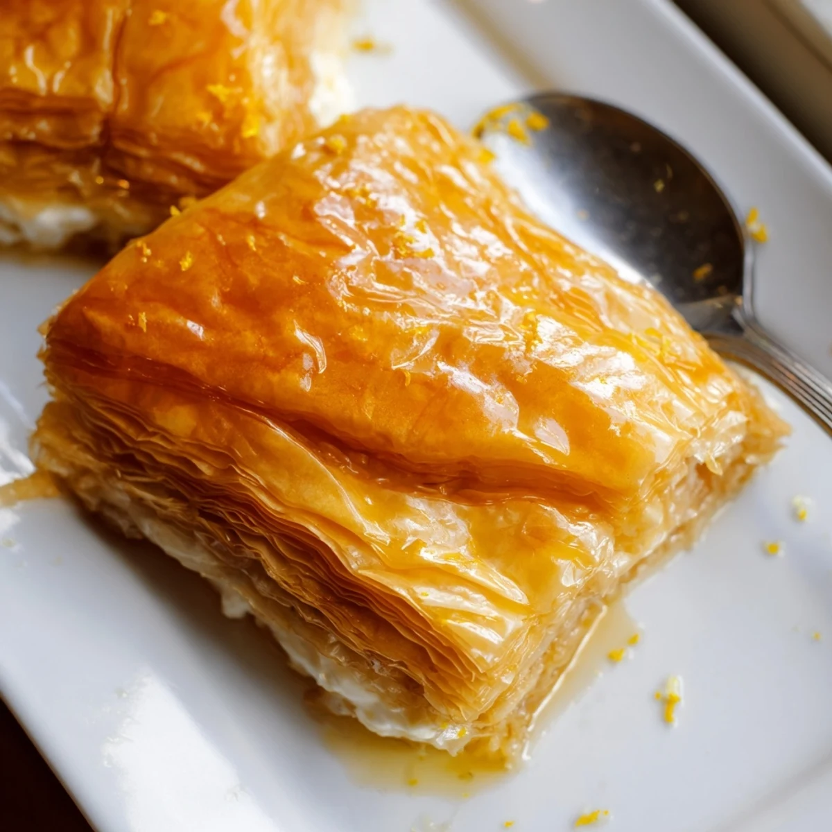 A slice of Portokalopita lifted from the pan, revealing moist interior and vibrant citrus aroma, perfect for serving.