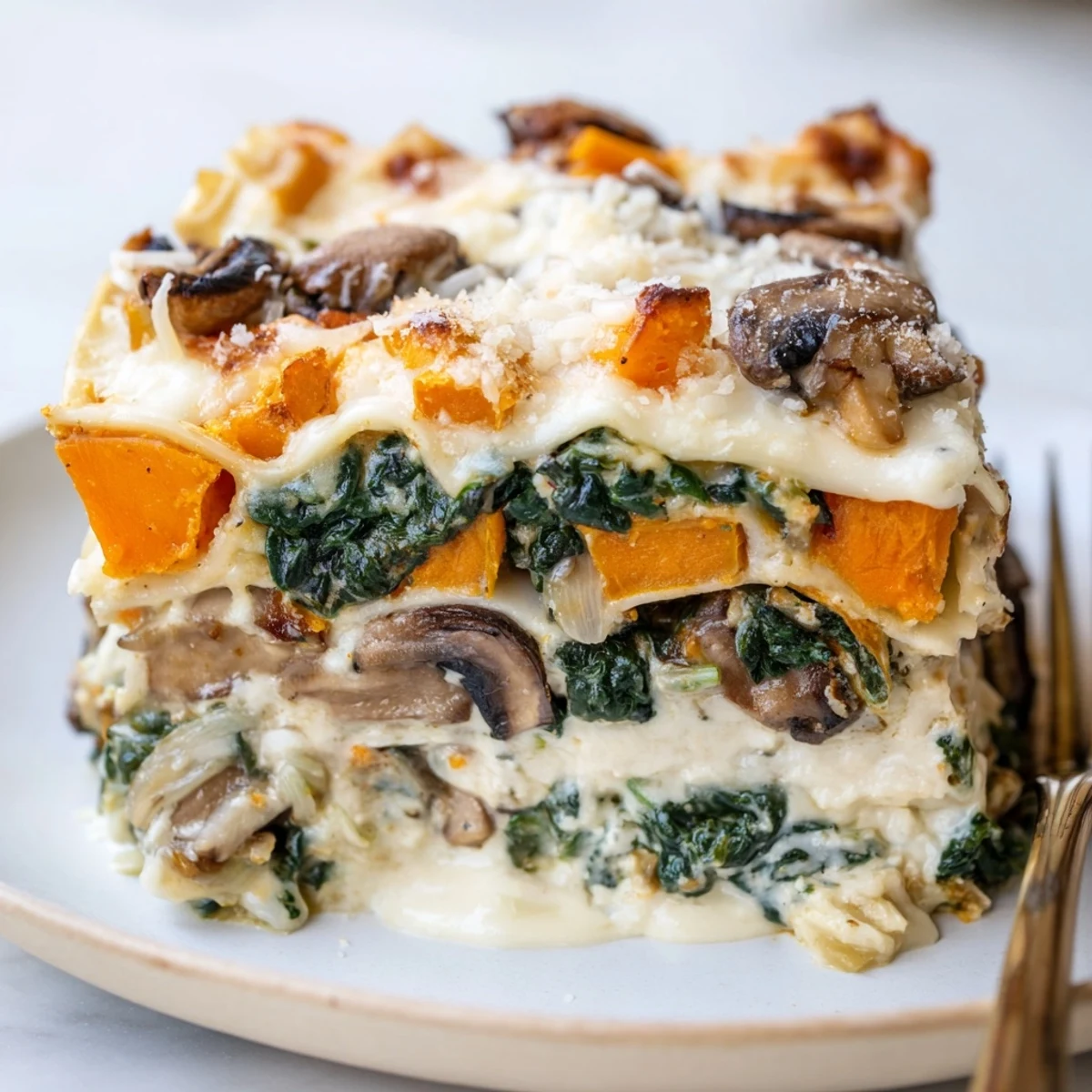 Close-up of a golden, bubbly slice of Butternut Squash, Spinach & Mushroom Lasagna resting on a white plate.