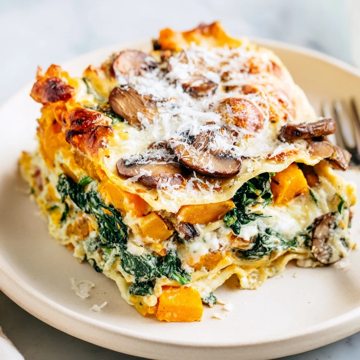 A rustic 9x13 baking dish of Butternut Squash, Spinach & Mushroom Lasagna with steam rising from the surface.
