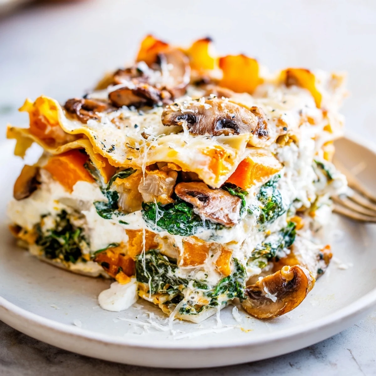 Fresh basil garnish on a generous serving of vegetarian Butternut Squash, Spinach & Mushroom Lasagna on a dinner table.
